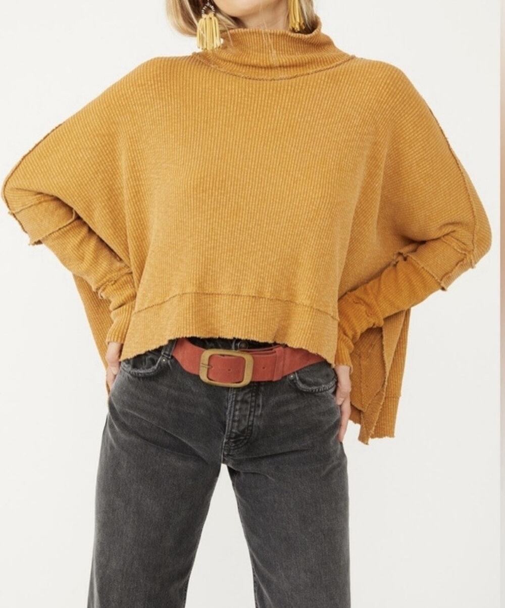 We The Free Free People Waffle Knit Poncho Top S Mock Neck Thumb Hole Rust